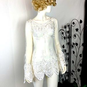 Exquisite Sheer Long White Top Embellished/Soutache Braid